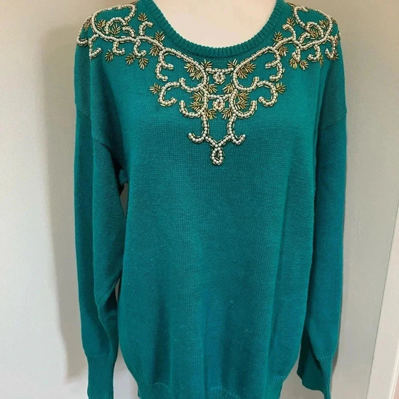 Vintage Teal Beaded Sweater by Dana Scott - Size L - Picture 9 of 9
